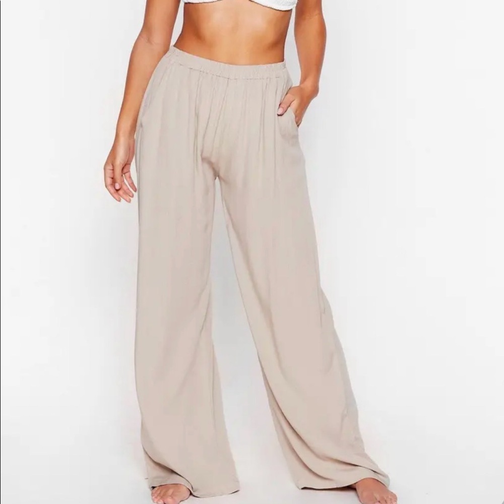 Nasty Gal Wide Leg Linen-Blend Pants in Beige